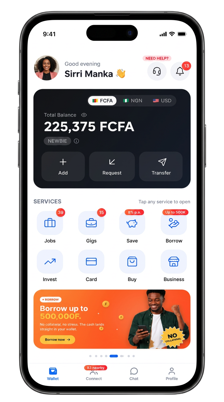 Bakua Personal app home screen showing balance, services, and borrowing